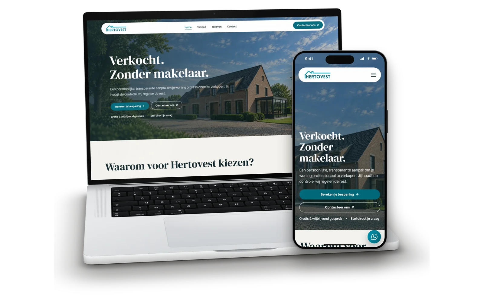 Website van Hertovest op een laptop en een smartphone, met de kop Verkocht. Zonder makelaar.