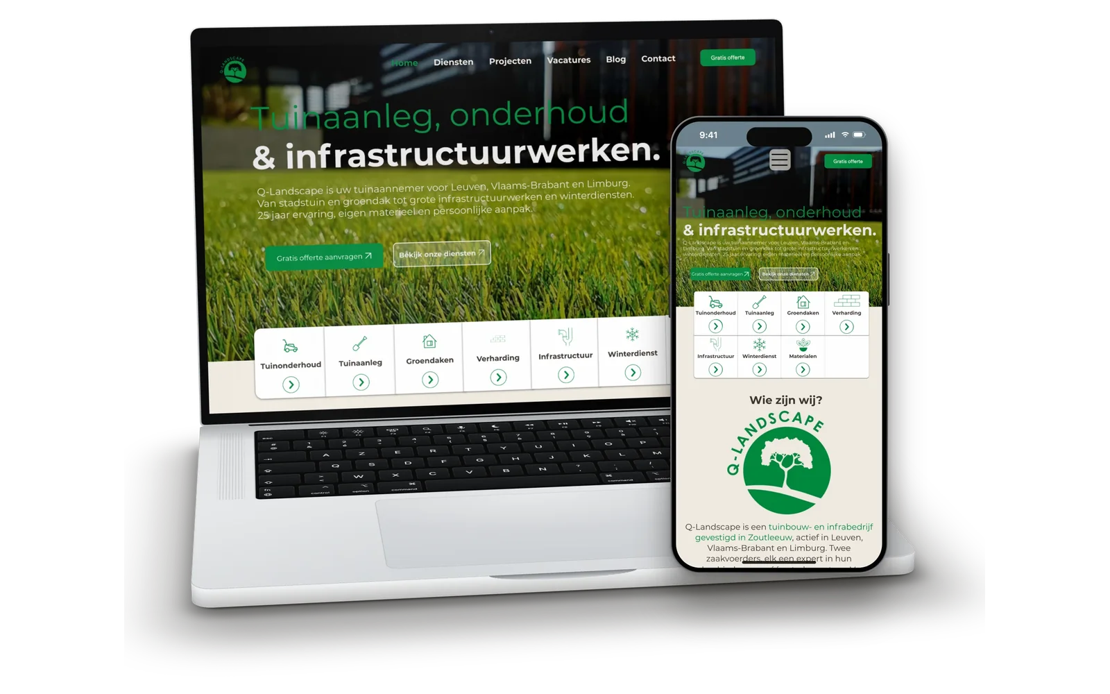 Website van Q-Landscape op een laptop en een smartphone, met een grasveld en de kop Tuinaanleg, onderhoud en infrastructuurwerken