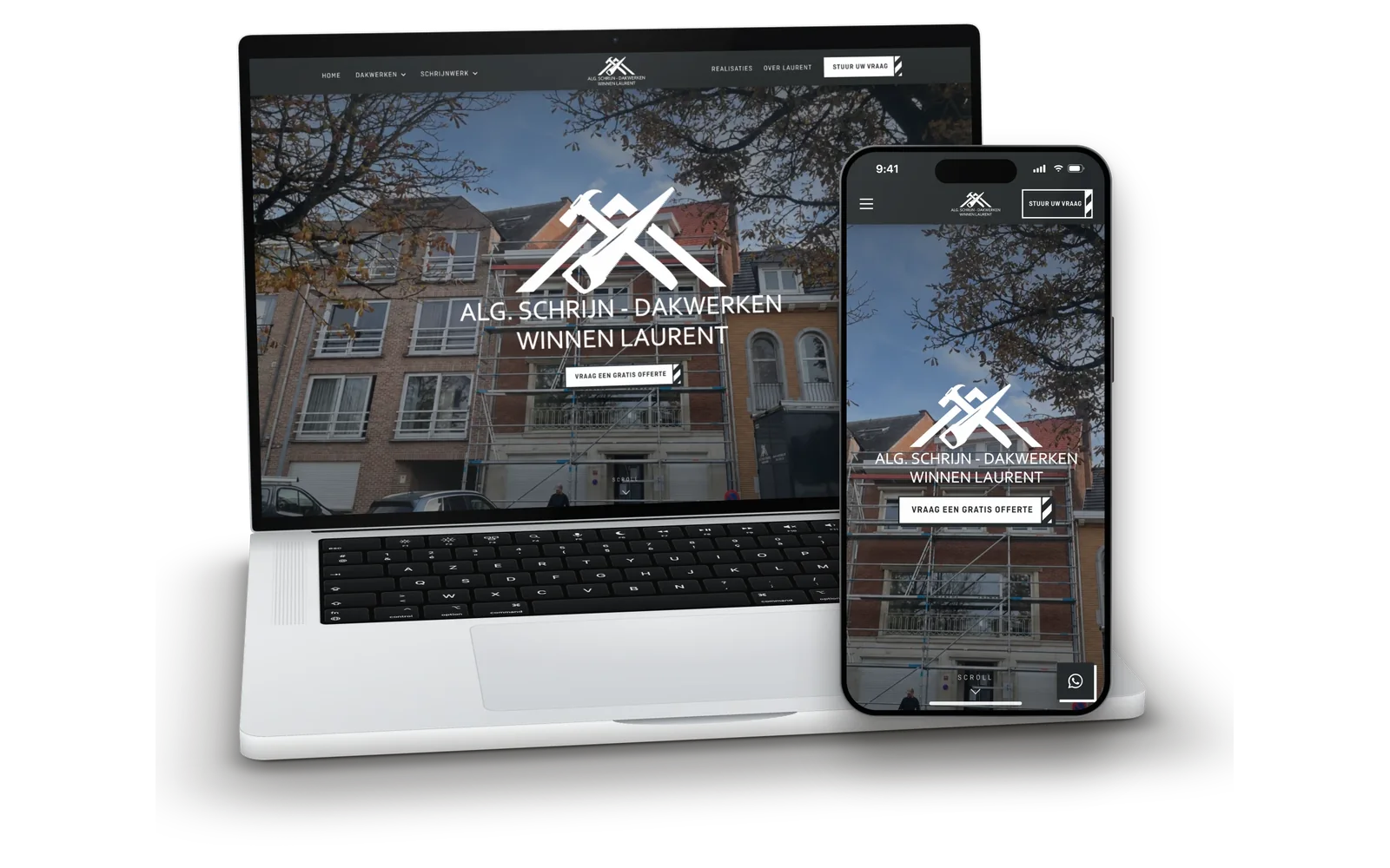 Website van Winnen Laurent op een laptop en een smartphone, met het witte logo voor een gevel in de steigers