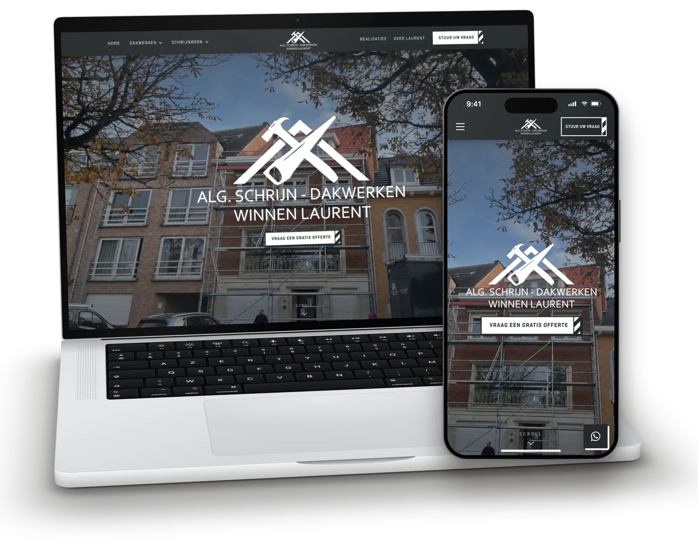 De website van Winnen Laurent op een laptop en een smartphone, met het witte logo voor een gevel in de steigers