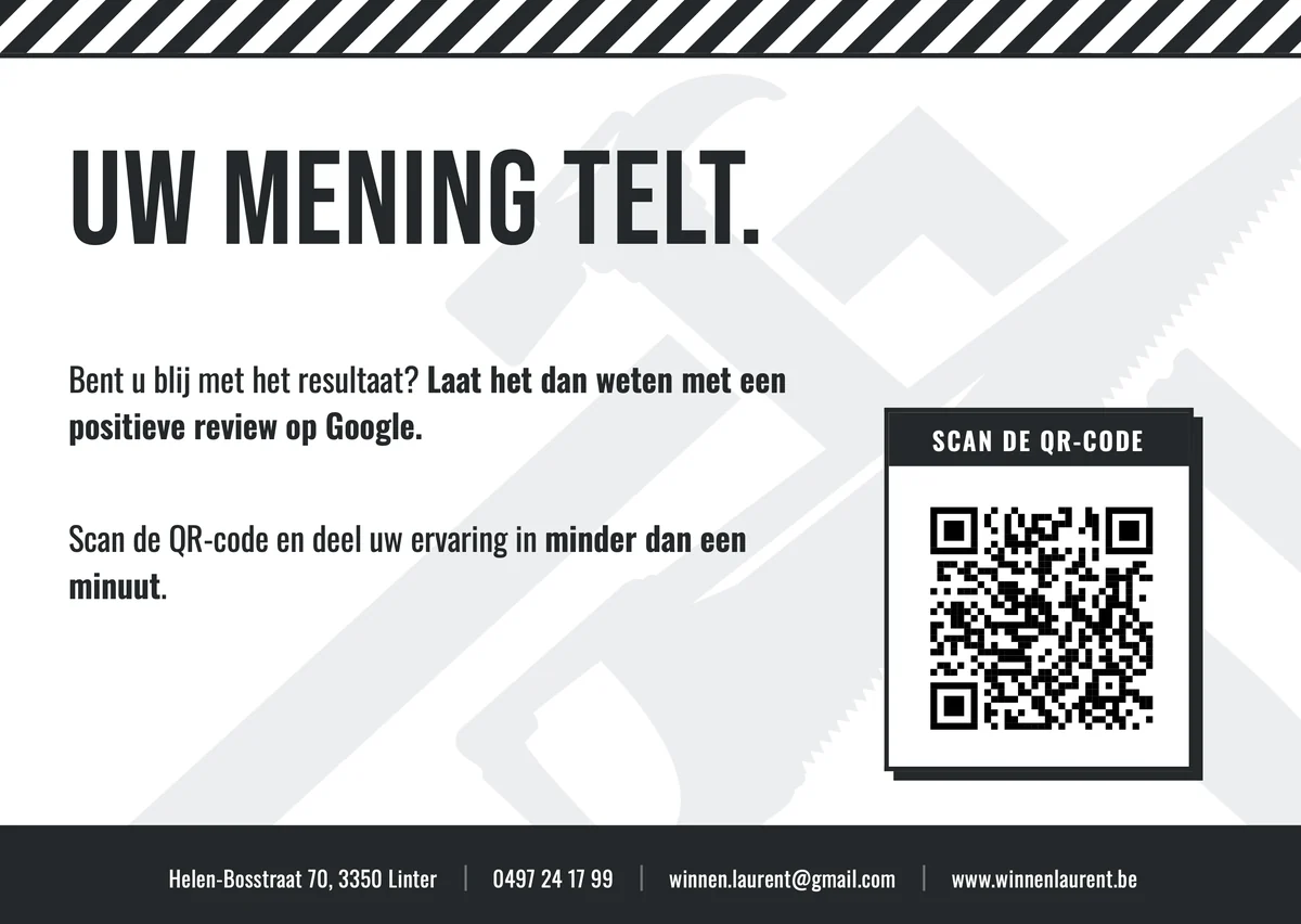 Achterkant van de reviewkaart van Winnen Laurent met de tekst Uw mening telt en een QR-code voor een Google-review